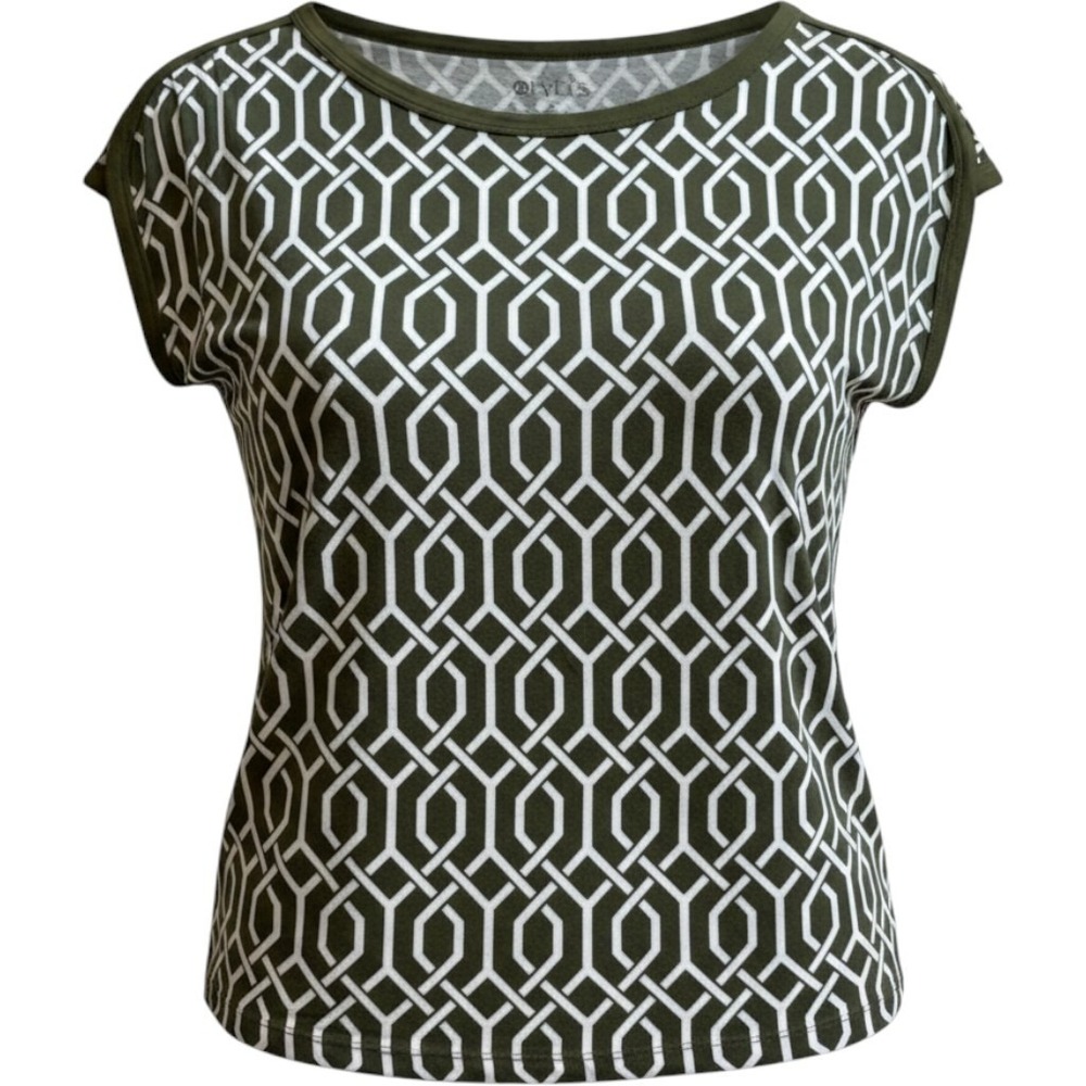 Geometric Print Sleeveless Top Olive Green White Women's Medium by Stylus